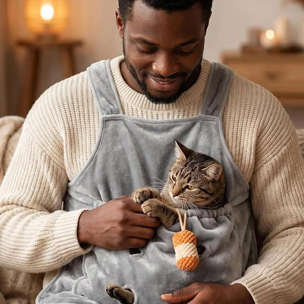 Cat held snugly against the chest in the plush apron pouch