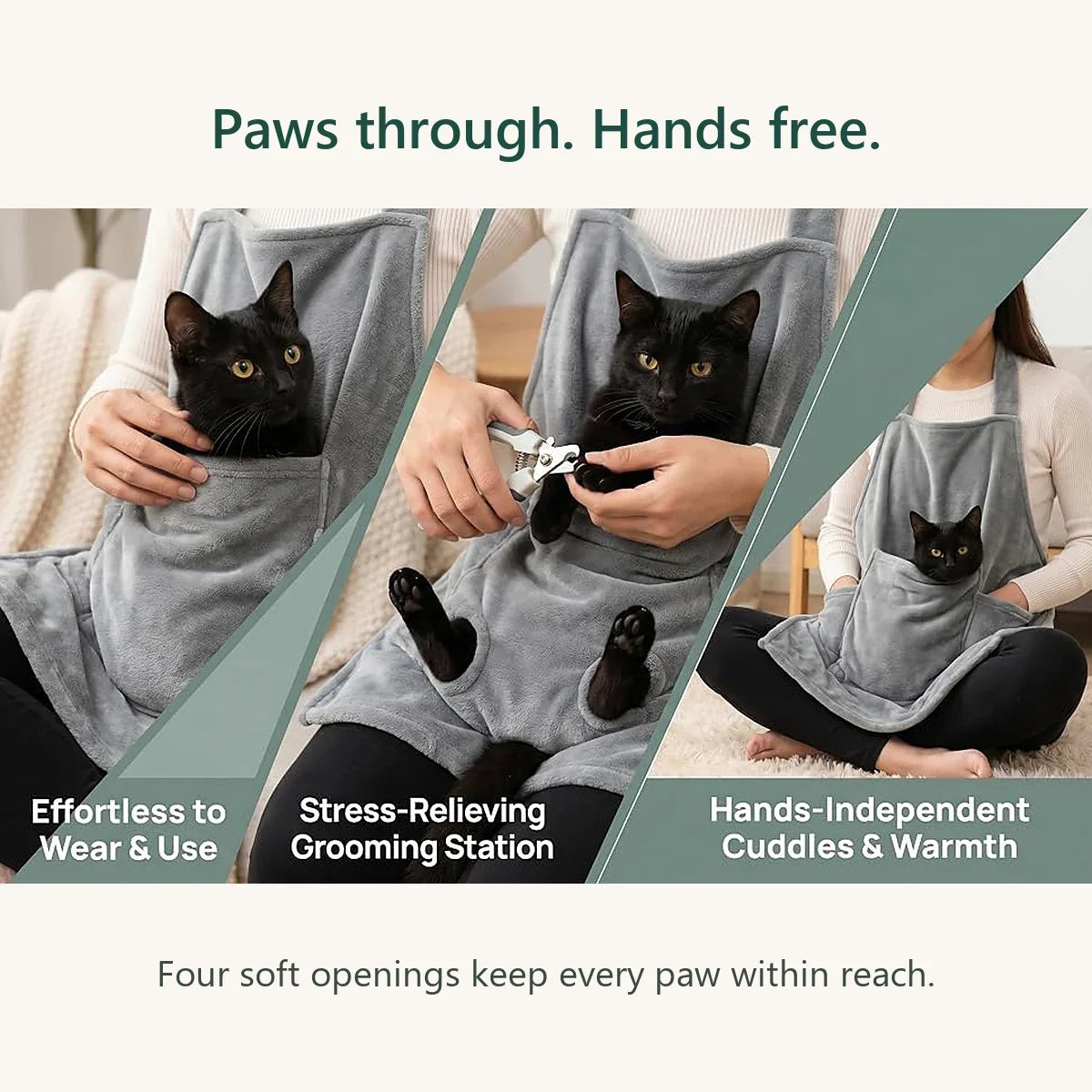 Trimming a cat's nails with its paws through the apron openings