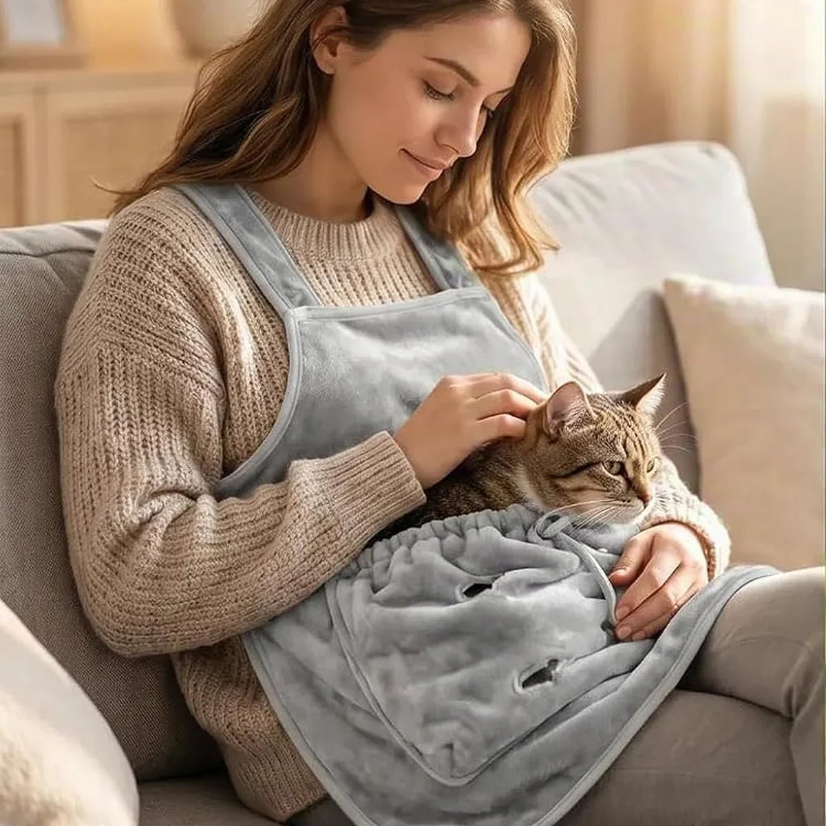 Relaxed cat on its owner's lap inside the TrimHug apron