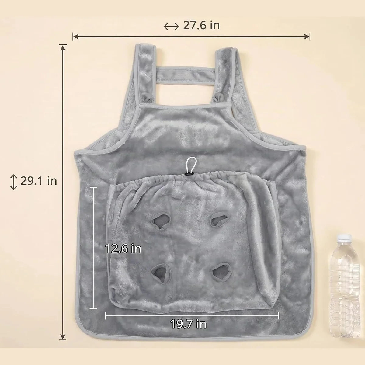 Apron size chart: 27.6 in wide, 29.1 in long, pouch 19.7 in by 12.6 in
