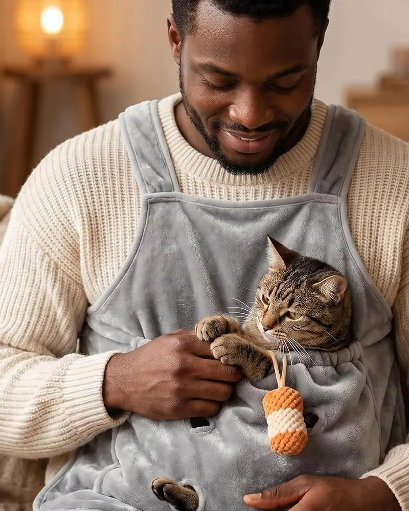 A calm cat tucked into the TrimHug plush apron pouch